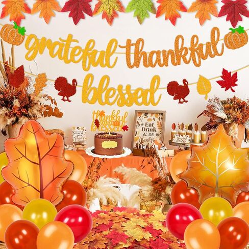 Grateful Thankful Blessed Banner Thanksgiving Cake Topper Thanksgiving Day Decorations Fall Maple Leaves Autumn Balloons Thanksgiving Party Glitter Gold Decorations in Saudi Arabia