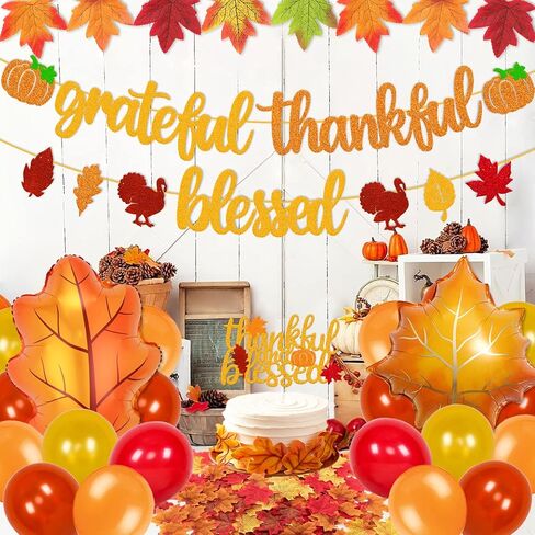 Grateful Thankful Blessed Banner Thanksgiving Cake Topper Thanksgiving Day Decorations Fall Maple Leaves Autumn Balloons Thanksgiving Party Glitter Gold Decorations in Saudi Arabia