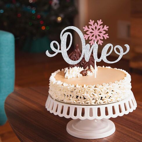 زينة كعكة واحدة لامعة وردية على شكل ندفة الثلج، ندفة الثلج الصغيرة في الطريق/أرض الشتاء الخاصة بنا، لوازم تزيين حفلات عيد الميلاد الأول للطفل الشتوي in Kuwait