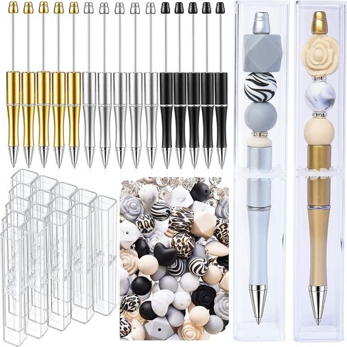 مجموعة أقلام قابلة للخرز مع خرز من السيليكون للأقلام، أقلام مطرزة، أقلام حبر جاف سوداء لطيفة مع خرز متعدد الألوان للحرف اليدوية، مجموعة من 10 أقلام و10 عبوات أقلام (أسود10) in Kuwait