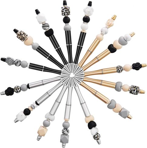 مجموعة أقلام قابلة للخرز مع خرز من السيليكون للأقلام، أقلام مطرزة، أقلام حبر جاف سوداء لطيفة مع خرز متعدد الألوان للحرف اليدوية، مجموعة من 10 أقلام و10 عبوات أقلام (أسود10) in Kuwait