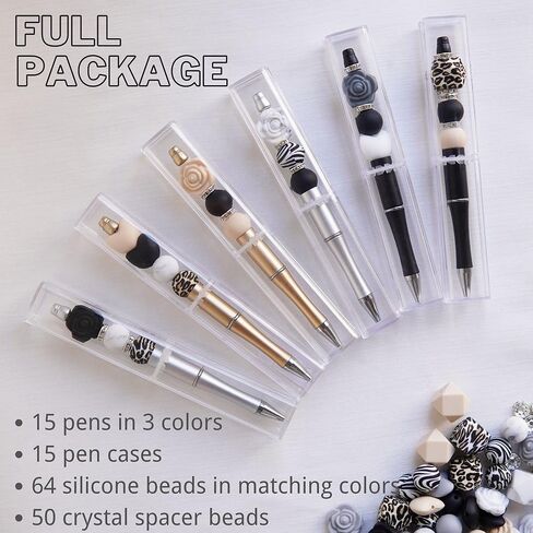 مجموعة أقلام قابلة للخرز مع خرز من السيليكون للأقلام، أقلام مطرزة، أقلام حبر جاف سوداء لطيفة مع خرز متعدد الألوان للحرف اليدوية، مجموعة من 10 أقلام و10 عبوات أقلام (أسود10) in Kuwait