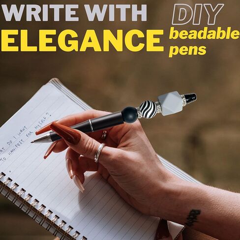 مجموعة أقلام قابلة للخرز مع خرز من السيليكون للأقلام، أقلام مطرزة، أقلام حبر جاف سوداء لطيفة مع خرز متعدد الألوان للحرف اليدوية، مجموعة من 10 أقلام و10 عبوات أقلام (أسود10) in Kuwait