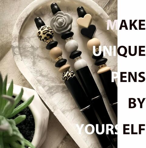 مجموعة أقلام قابلة للخرز مع خرز من السيليكون للأقلام، أقلام مطرزة، أقلام حبر جاف سوداء لطيفة مع خرز متعدد الألوان للحرف اليدوية، مجموعة من 10 أقلام و10 عبوات أقلام (أسود10) in Kuwait