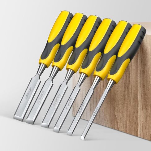 مجموعات أزميل الخشب، مجموعة أزاميل خشبية من NOEAIKE مكونة من 6 قطع للأعمال الخشبية، وأدوات النجارة، شفرة حافة مشطوفة من الفولاذ CR-V، مجموعة إزميل لنحت الخشب/نقر مع مقبض تأثير، حجم الإزميل 1/4 بوصة، 3/8 بوصة، 1/2 بوصة، 5/8"، 3/4"، 1" in Kuwait