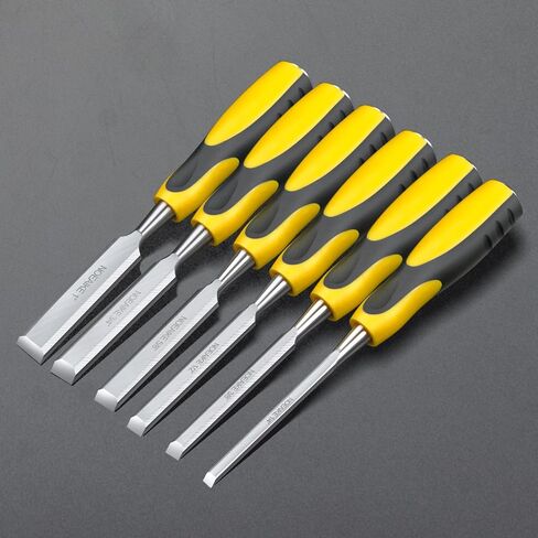 مجموعات أزميل الخشب، مجموعة أزاميل خشبية من NOEAIKE مكونة من 6 قطع للأعمال الخشبية، وأدوات النجارة، شفرة حافة مشطوفة من الفولاذ CR-V، مجموعة إزميل لنحت الخشب/نقر مع مقبض تأثير، حجم الإزميل 1/4 بوصة، 3/8 بوصة، 1/2 بوصة، 5/8"، 3/4"، 1" in Kuwait