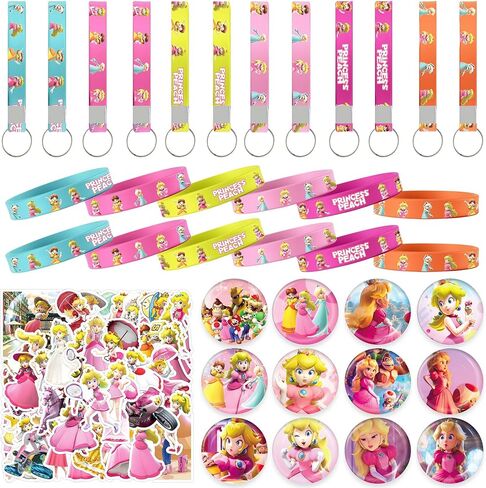 WOOACME Princess Peach Birthday Party Supplies, Princess Peach Party Favors Include 12 Bracelets, 12 Button Pins, 12 Key Chains, 50 Stickers, Princess Peach Theme Party Favors for Girls in Kuwait