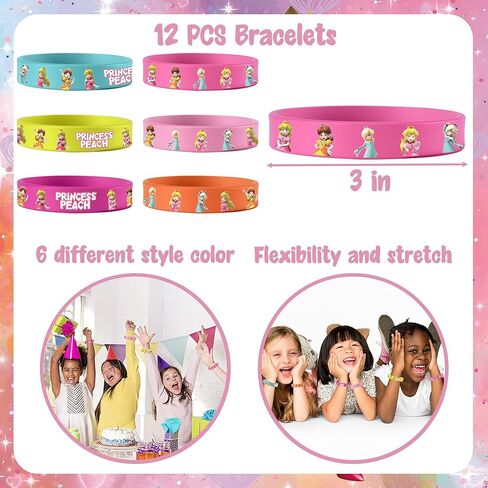 WOOACME Princess Peach Birthday Party Supplies, Princess Peach Party Favors Include 12 Bracelets, 12 Button Pins, 12 Key Chains, 50 Stickers, Princess Peach Theme Party Favors for Girls in Kuwait