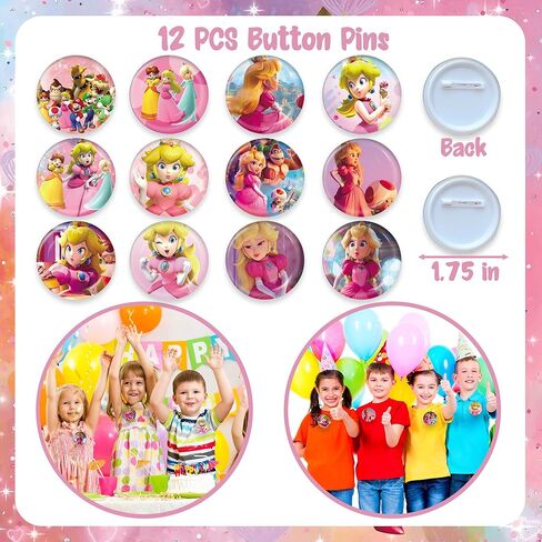 WOOACME Princess Peach Birthday Party Supplies, Princess Peach Party Favors Include 12 Bracelets, 12 Button Pins, 12 Key Chains, 50 Stickers, Princess Peach Theme Party Favors for Girls in Kuwait