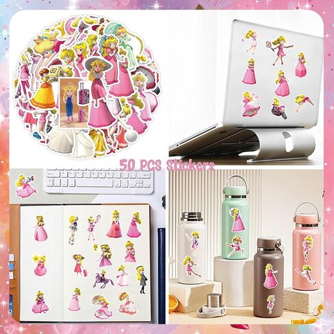 WOOACME Princess Peach Birthday Party Supplies, Princess Peach Party Favors Include 12 Bracelets, 12 Button Pins, 12 Key Chains, 50 Stickers, Princess Peach Theme Party Favors for Girls in Kuwait