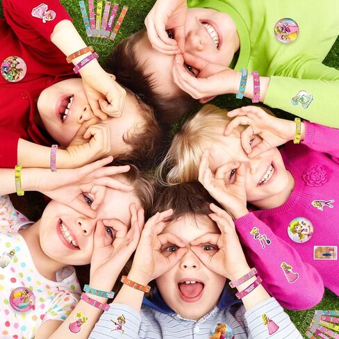 WOOACME Princess Peach Birthday Party Supplies, Princess Peach Party Favors Include 12 Bracelets, 12 Button Pins, 12 Key Chains, 50 Stickers, Princess Peach Theme Party Favors for Girls in Kuwait