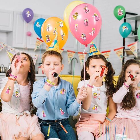 WOOACME Princess Peach Birthday Party Supplies, Princess Peach Party Favors Include 12 Bracelets, 12 Button Pins, 12 Key Chains, 50 Stickers, Princess Peach Theme Party Favors for Girls in Kuwait