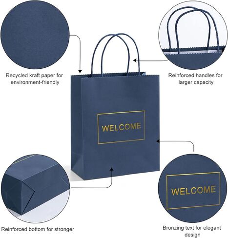 حقائب ترحيب باللون الأزرق الداكن من Dasofine 20 قطعة، حقائب ترحيب للزفاف، أكياس ورق كرافت بمقبض 7.9 بوصة × 3.7 بوصة × 9.4 بوصة، حقائب هدايا متوسطة للبيع بالتجزئة، وحفلات الزفاف، والحفلات، وحفلات استقبال الأطفال، والتسوق in Kuwait