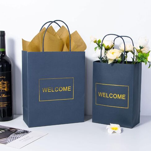 حقائب ترحيب باللون الأزرق الداكن من Dasofine 20 قطعة، حقائب ترحيب للزفاف، أكياس ورق كرافت بمقبض 7.9 بوصة × 3.7 بوصة × 9.4 بوصة، حقائب هدايا متوسطة للبيع بالتجزئة، وحفلات الزفاف، والحفلات، وحفلات استقبال الأطفال، والتسوق in Kuwait