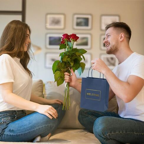 حقائب ترحيب باللون الأزرق الداكن من Dasofine 20 قطعة، حقائب ترحيب للزفاف، أكياس ورق كرافت بمقبض 7.9 بوصة × 3.7 بوصة × 9.4 بوصة، حقائب هدايا متوسطة للبيع بالتجزئة، وحفلات الزفاف، والحفلات، وحفلات استقبال الأطفال، والتسوق in Kuwait