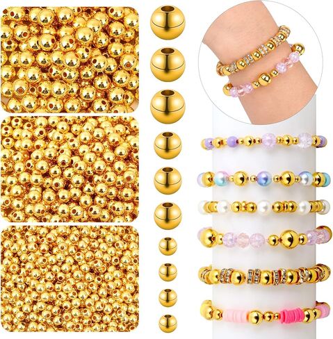 1500 قطعة من الخرز الذهبي لصنع المجوهرات، 800 قطعة من الخرز الذهبي المباعد 4 مم خرز دائري أملس، 500 قطعة من الخرز الكروي السائب غير الملحوم مقاس 6 مم، 200 قطعة من الخرز المباعد 8 مم للقلادة والسوار وصناعة القرط in Kuwait