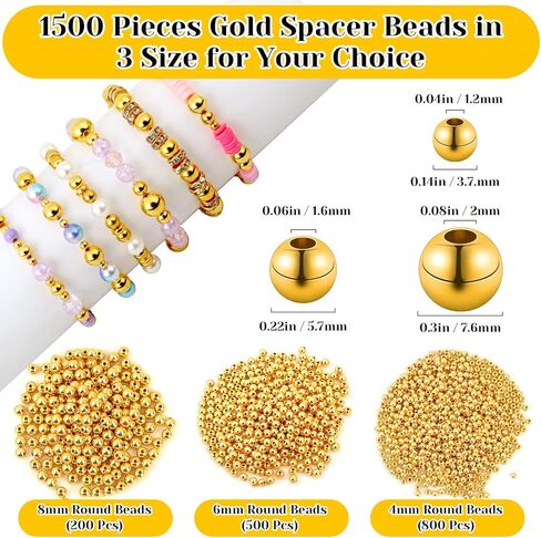 1500 قطعة من الخرز الذهبي لصنع المجوهرات، 800 قطعة من الخرز الذهبي المباعد 4 مم خرز دائري أملس، 500 قطعة من الخرز الكروي السائب غير الملحوم مقاس 6 مم، 200 قطعة من الخرز المباعد 8 مم للقلادة والسوار وصناعة القرط in Kuwait