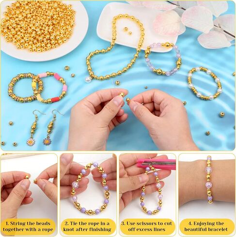 1500 قطعة من الخرز الذهبي لصنع المجوهرات، 800 قطعة من الخرز الذهبي المباعد 4 مم خرز دائري أملس، 500 قطعة من الخرز الكروي السائب غير الملحوم مقاس 6 مم، 200 قطعة من الخرز المباعد 8 مم للقلادة والسوار وصناعة القرط in Kuwait