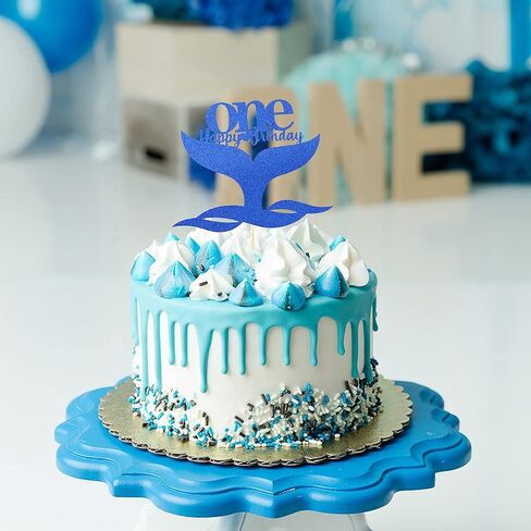 غطاء كعكة واحد لعيد الميلاد الأول من يسوال - غطاء كعكة علوية بتصميم حورية البحر الصغيرة باللون الأزرق اللامع لعيد الميلاد المجيد للفتيات ديكورات حفلات عيد الميلاد الأولى ، دعائم كشك الصور in Kuwait