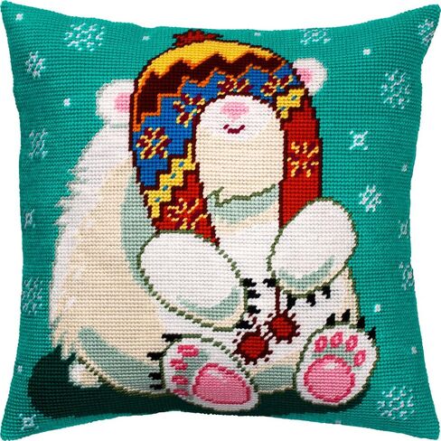 Bear in a Trapper Hat. Needlepoint Kit. Throw Pillow 16×16 Inches. Printed Tapestry Canvas, European Quality in Saudi Arabia