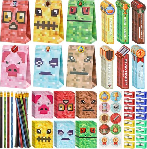 SATINIOR 156 Pcs Pixel Miner Party Favors Pixel Miner School Stationery Set Class Reward Gift Bags Notebooks Pencil Sharpener Eraser Bookmark Pixel Miner Birthday Decoration Pixel Miner Party Supplies in Saudi Arabia