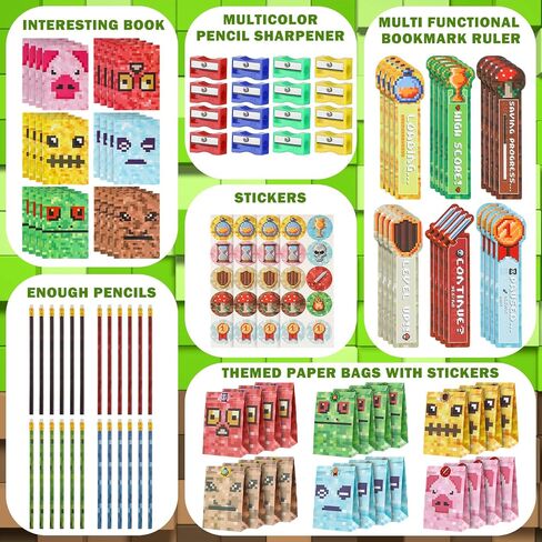 SATINIOR 156 Pcs Pixel Miner Party Favors Pixel Miner School Stationery Set Class Reward Gift Bags Notebooks Pencil Sharpener Eraser Bookmark Pixel Miner Birthday Decoration Pixel Miner Party Supplies in Saudi Arabia