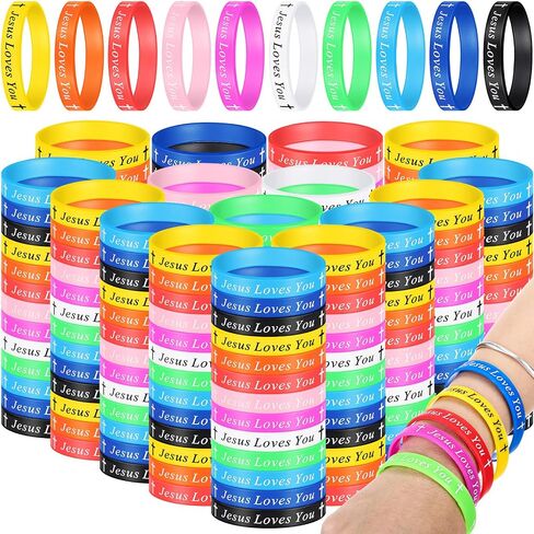 PerKoop 200 Pieces Jesus Loves You Bracelets Bulk for Christian Donation Bible Verse Rubber Bracelet Baptism Silicone Bracelet Christian Wristbands for Kids Men Women Party Favors in Saudi Arabia