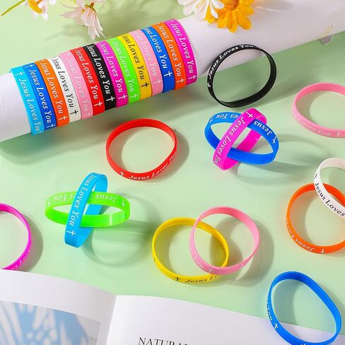 PerKoop 200 Pieces Jesus Loves You Bracelets Bulk for Christian Donation Bible Verse Rubber Bracelet Baptism Silicone Bracelet Christian Wristbands for Kids Men Women Party Favors in Saudi Arabia