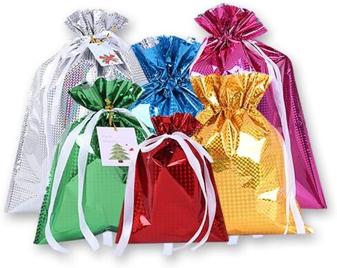 6 Drawstring Goodie Bags, Christmas Party Favor Bags, Present Wrapping Laser Bag, Holiday Treats Bags with Ribbon Ties and Tags in 4 Sizes, for Families Friends Kids in All Occasion of Celebration in Kuwait