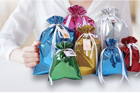 6 Drawstring Goodie Bags, Christmas Party Favor Bags, Present Wrapping Laser Bag, Holiday Treats Bags with Ribbon Ties and Tags in 4 Sizes, for Families Friends Kids in All Occasion of Celebration in Kuwait