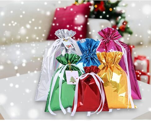 6 Drawstring Goodie Bags, Christmas Party Favor Bags, Present Wrapping Laser Bag, Holiday Treats Bags with Ribbon Ties and Tags in 4 Sizes, for Families Friends Kids in All Occasion of Celebration in Kuwait