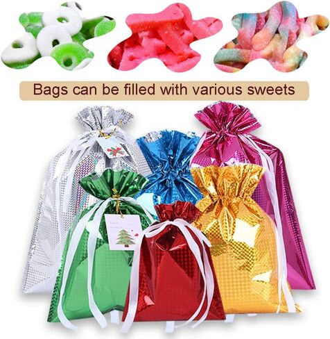 6 Drawstring Goodie Bags, Christmas Party Favor Bags, Present Wrapping Laser Bag, Holiday Treats Bags with Ribbon Ties and Tags in 4 Sizes, for Families Friends Kids in All Occasion of Celebration in Kuwait