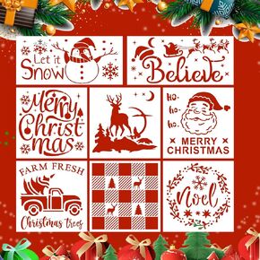 8pcs Christmas Stencils, 2 Sizes Rectangle Christmas Stencils for Painting on Wood Reusable Christmas Painting Template for Craft Fabric Wall Cards Scrapbook (Style A)