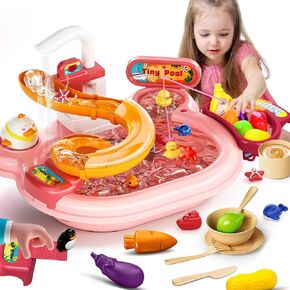 LEWANT Play Sink with Running Water, Kids Kitchen Sink & Fishing Playset with Electric Faucet, Toy Kitchen Accessories, Play Food, Pretend Role Playset for Toddler Girls Birthday Gifts in Kuwait