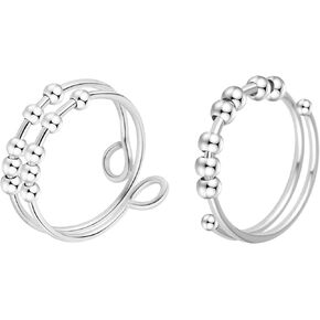 Fidget Ring Double Layer Anxiety Rings for Women Adjustable Worry Rings Beads Stress Relief Ring Fidget Spinner Rings for Men