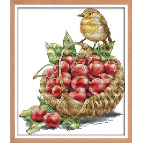 Cross Stitch Kits Stamped, OWN4B Bird and Cherries Printed Pattern 11CT 11.0x13.8 inch DIY Embroidery Kit (Cherries) in Kuwait