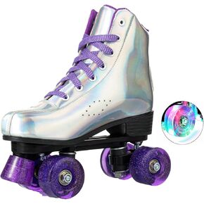 زلاجات دوارة من XUDREZ للنساء والفتيات، زلاجات دوارة فضية ليزر أنيقة، زلاجات دوارة كلاسيكية عالية الجودة بصف مزدوج للمبتدئين، زلاجات دوارة داخلية وخارجية in Kuwait