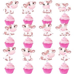 Pink Cow Cupcake Toppers Decorations 24pcs Cow Birthday Cupcake Toppers Decorations Cow Theme Birthday Party Decorations for Girls Farm Animal Theme Birthday Party Baby Shower Supplies