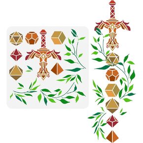 FINGERINSPIRE Dice Sword Leaf Painting Stencil 11.8x11.8inch Reusable Polyhedron Dice Pattern Stencil Large Sword Hilt Drawing Template Hollowed Leaves Branches for Home Wall Furniture Decor in Kuwait