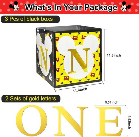 كراكو لوازم حفلات عيد الميلاد الاول بتصميم ميكي - 3 مكعبات ماوس بلون اسود واصفر مع حرف واحد، هدايا حفلات استقبال المولود للاولاد والبنات والاطفال (البالونات غير متضمنة) in Kuwait