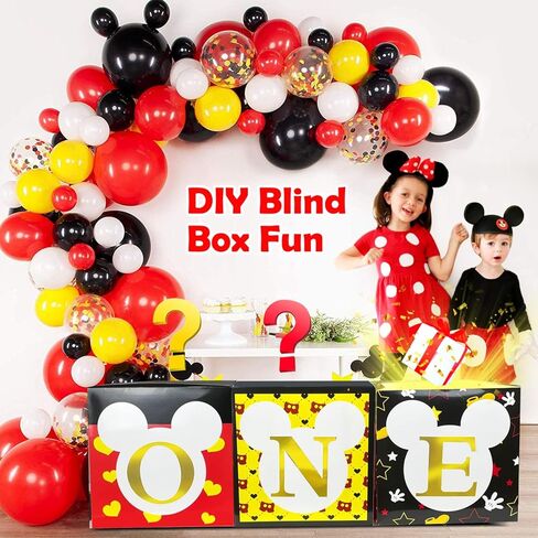 كراكو لوازم حفلات عيد الميلاد الاول بتصميم ميكي - 3 مكعبات ماوس بلون اسود واصفر مع حرف واحد، هدايا حفلات استقبال المولود للاولاد والبنات والاطفال (البالونات غير متضمنة) in Kuwait