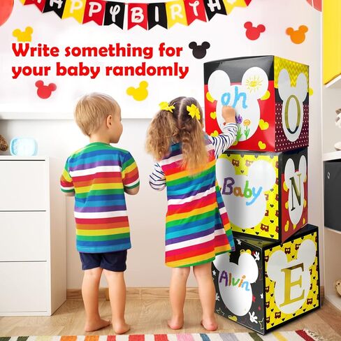 كراكو لوازم حفلات عيد الميلاد الاول بتصميم ميكي - 3 مكعبات ماوس بلون اسود واصفر مع حرف واحد، هدايا حفلات استقبال المولود للاولاد والبنات والاطفال (البالونات غير متضمنة) in Kuwait