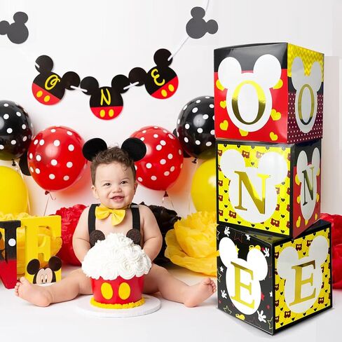 كراكو لوازم حفلات عيد الميلاد الاول بتصميم ميكي - 3 مكعبات ماوس بلون اسود واصفر مع حرف واحد، هدايا حفلات استقبال المولود للاولاد والبنات والاطفال (البالونات غير متضمنة) in Kuwait