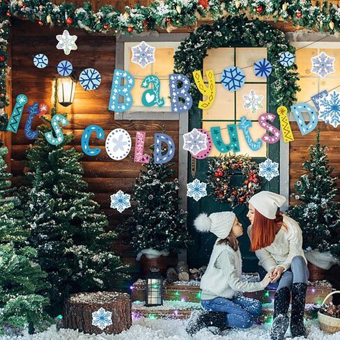 Baby It's Cold Outside Banner Frozen Themed Snowflake Banner Garland Sign and 50 pcs Snowflake Stickers for Winter Christmas Baby Shower Party Winter Birthday Christmas Decoration Supplies in Kuwait