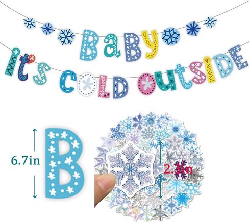 Baby It's Cold Outside Banner Frozen Themed Snowflake Banner Garland Sign and 50 pcs Snowflake Stickers for Winter Christmas Baby Shower Party Winter Birthday Christmas Decoration Supplies in Kuwait