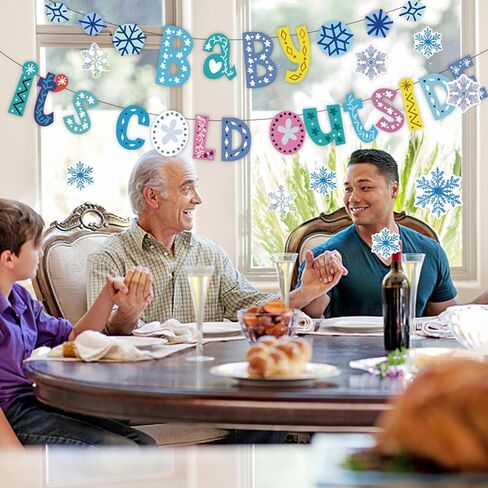 Baby It's Cold Outside Banner Frozen Themed Snowflake Banner Garland Sign and 50 pcs Snowflake Stickers for Winter Christmas Baby Shower Party Winter Birthday Christmas Decoration Supplies in Kuwait