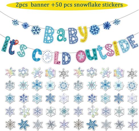 Baby It's Cold Outside Banner Frozen Themed Snowflake Banner Garland Sign and 50 pcs Snowflake Stickers for Winter Christmas Baby Shower Party Winter Birthday Christmas Decoration Supplies in Kuwait