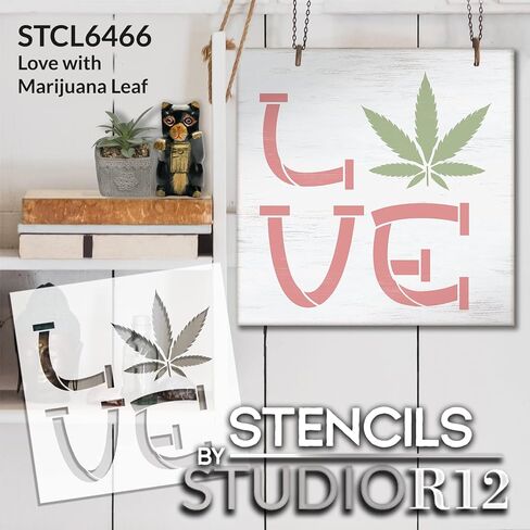 الحب مع أوراق الماريجوانا 420 استنسل من StudioR12 | وعاء النبات ماري جين ترتفع | حرفة DIY ديكور مدخن الأعشاب | طلاء الخشب علامة | اختر الحجم (15 × 15 بوصة) in Kuwait