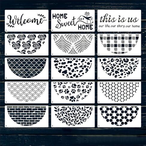 15Pcs Welcome Stencils Plastic Painting Stencils Large Welcome Letters Stencils Half Round Stencils Reusable Art Templates DIY Crafts Drawing Template for Wood Sign Wall Door Floor Canvas Home Decor in Kuwait