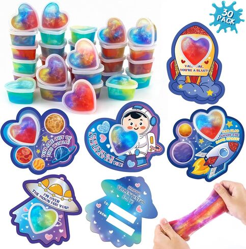 Valentines Day Gifts Cards with 30 Pack Galaxy Hearts Slime for Kids Classroom Exchange Prize, Valentine's Party Favors for Boys Girls, Valentine's Greeting Cards, Valentine Exchange Gifts in Kuwait